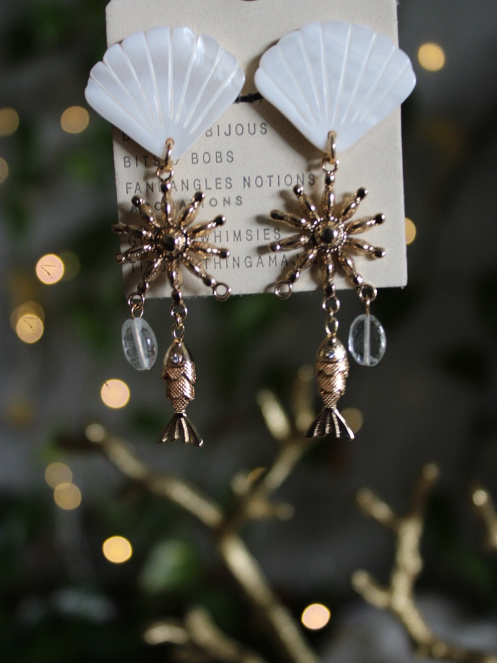 Anthropologie 14K Gold-Plated Seashell Sun & Fish Dangle Earrings